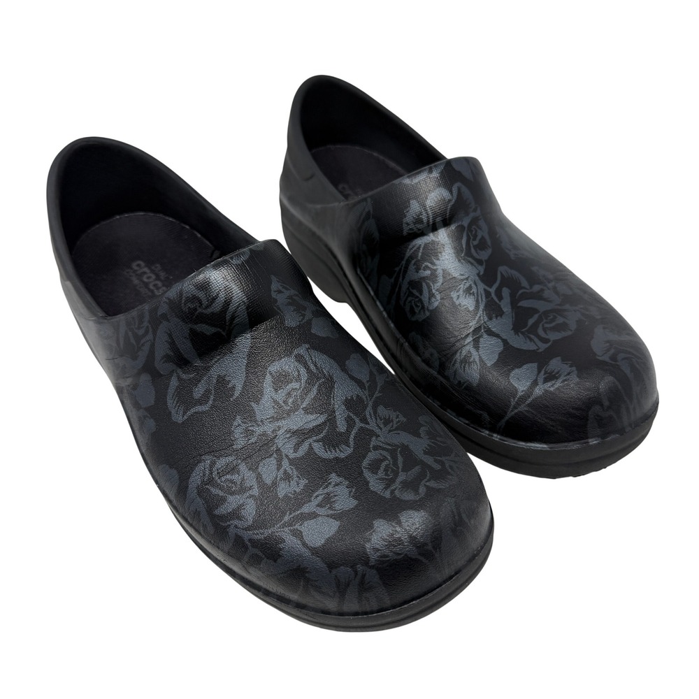 Crocs‎ Neria Pro II Clogs Womens 11 Black Grey Rose Floral Slip Resistant